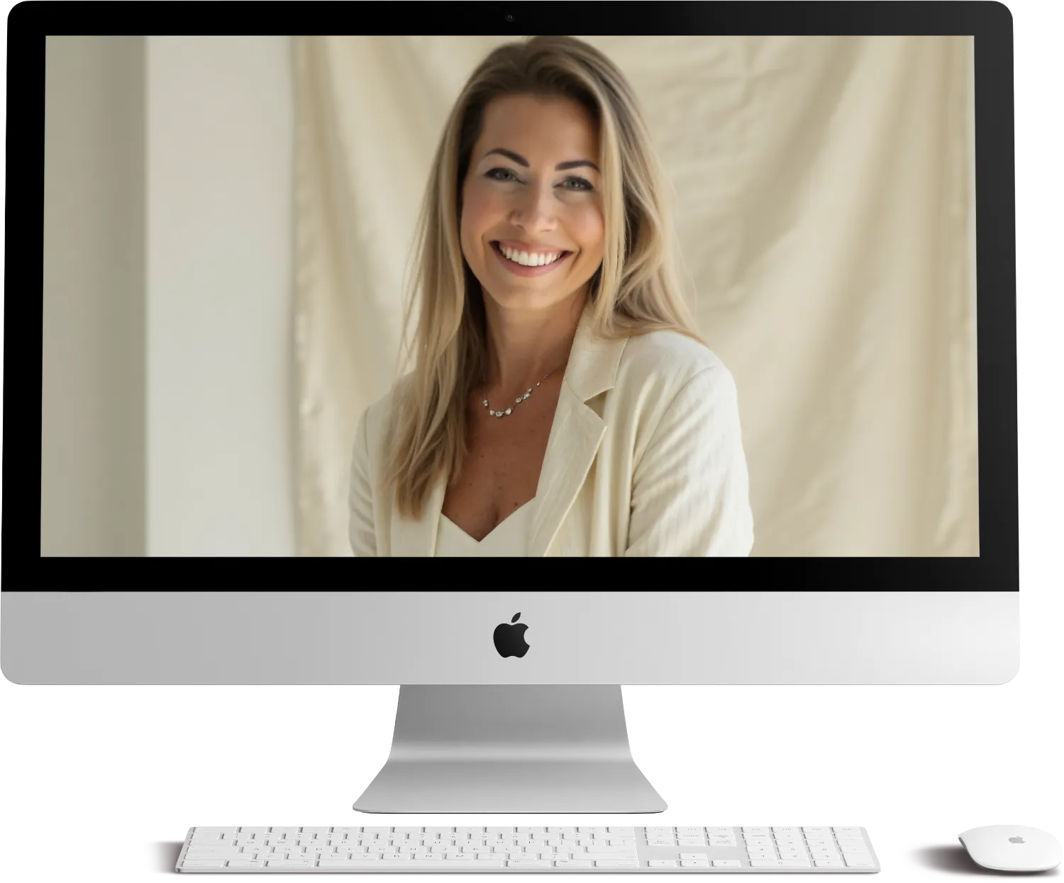 Kiss-P. Nóri portréja egy asztali számítógép képernyőjén, online konzultációt bemutató vizuál