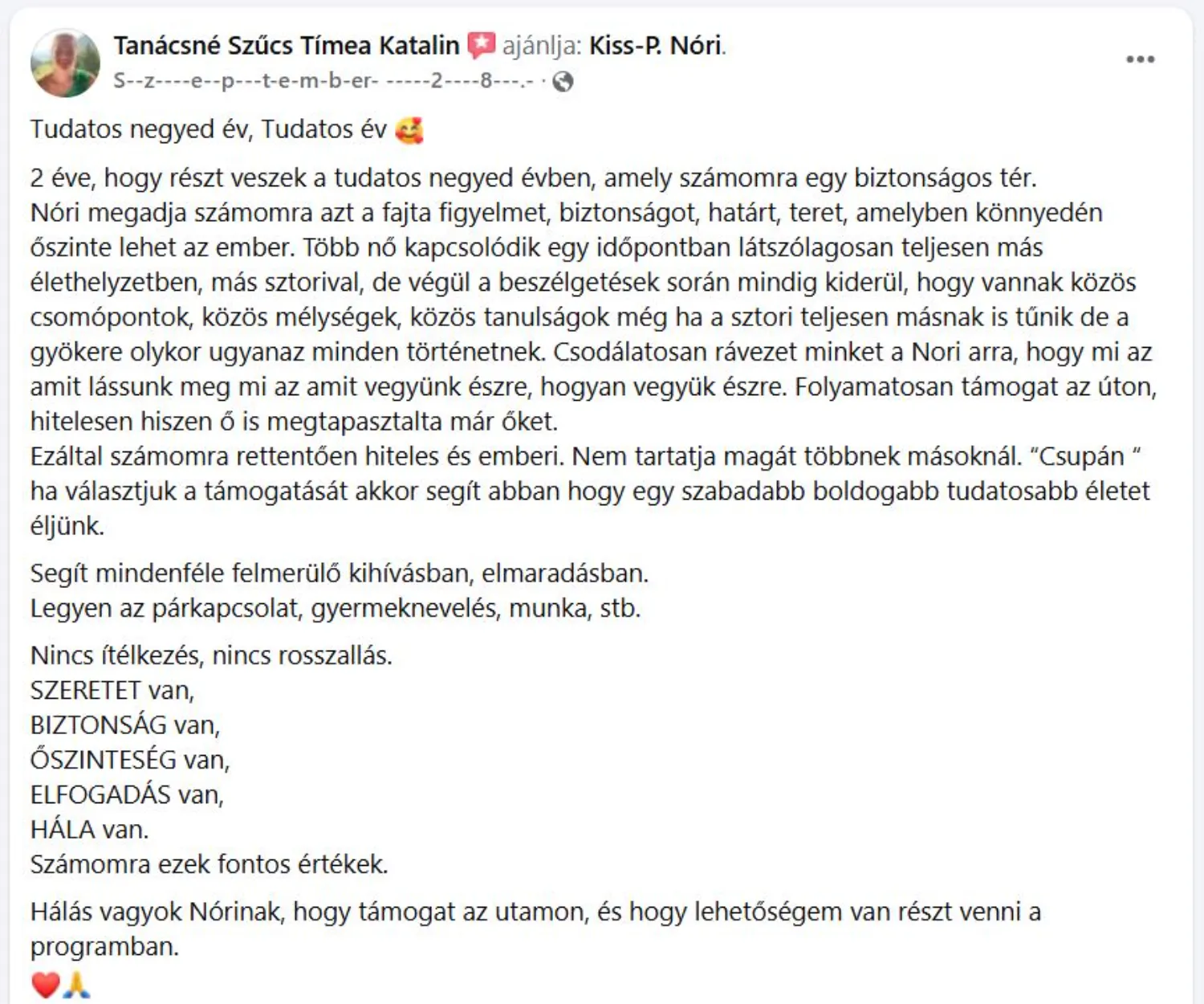 Résztvevői visszajelzés Kiss-P. Nóri Tudatos Negyedév programjáról – biztonságos tér, elfogadás és támogatás